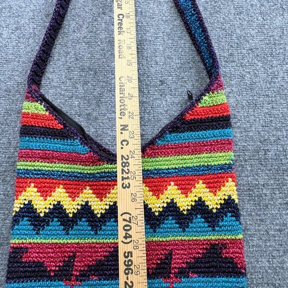 Crochet Shoulder Bag Zigzag Fish Patterned Colorful Long Strap Boho Hippie - Picture 13 of 16
